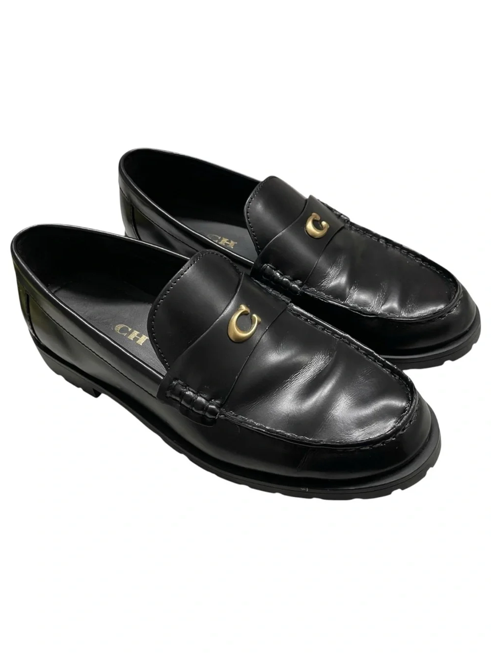 Coach Black Leather Loafers with Gold Accent